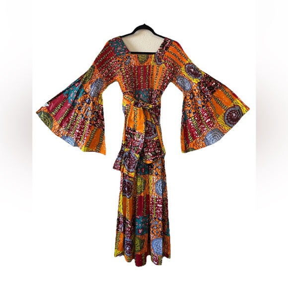 VTG African Star Bohemian Maxi Dress Off The Shoulder Oversized Flared Sleeve OS - Picture 11 of 15